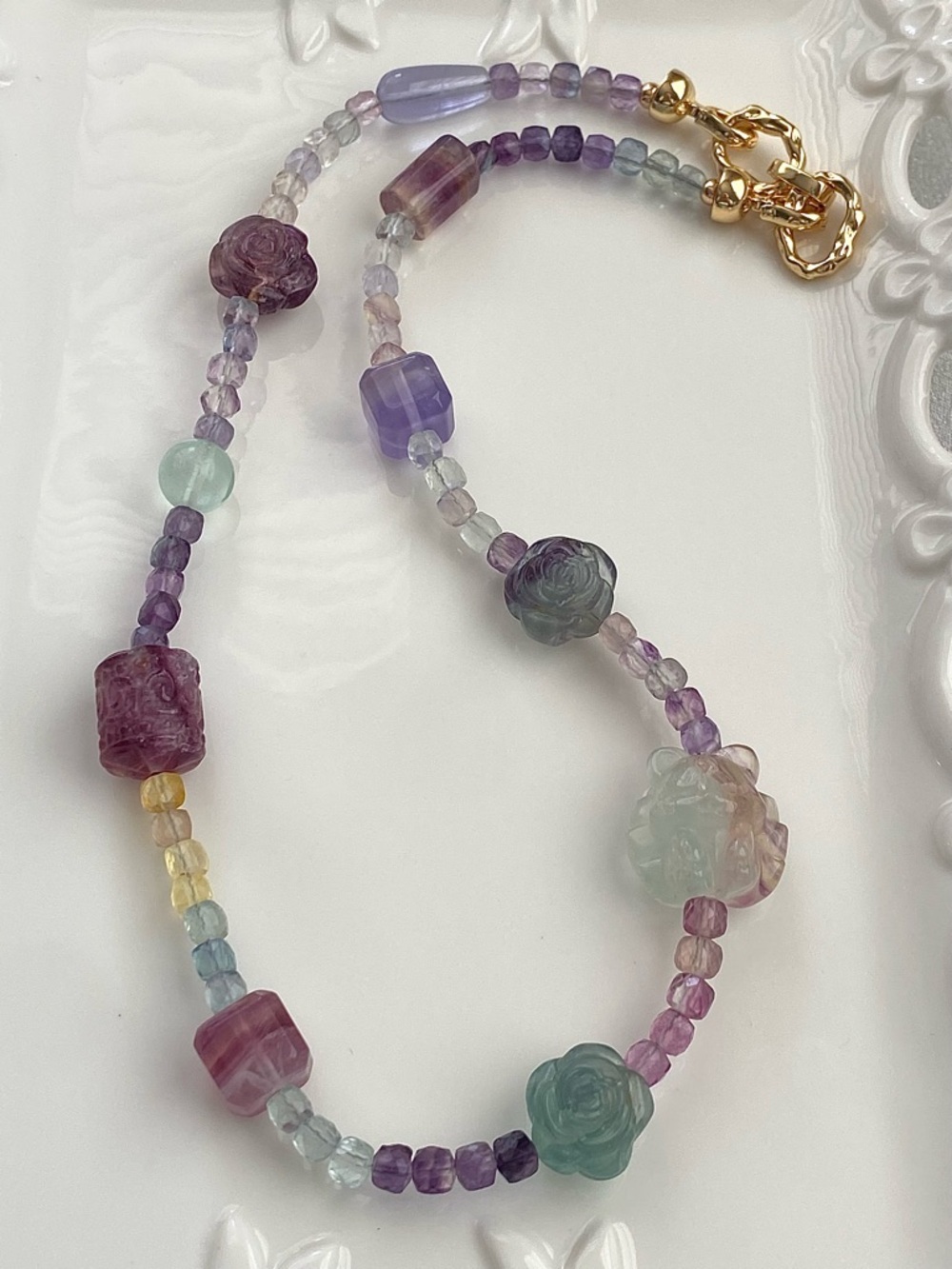 GP64-Handmade Multicolor Pastel Fluorite Floral Beaded Necklace